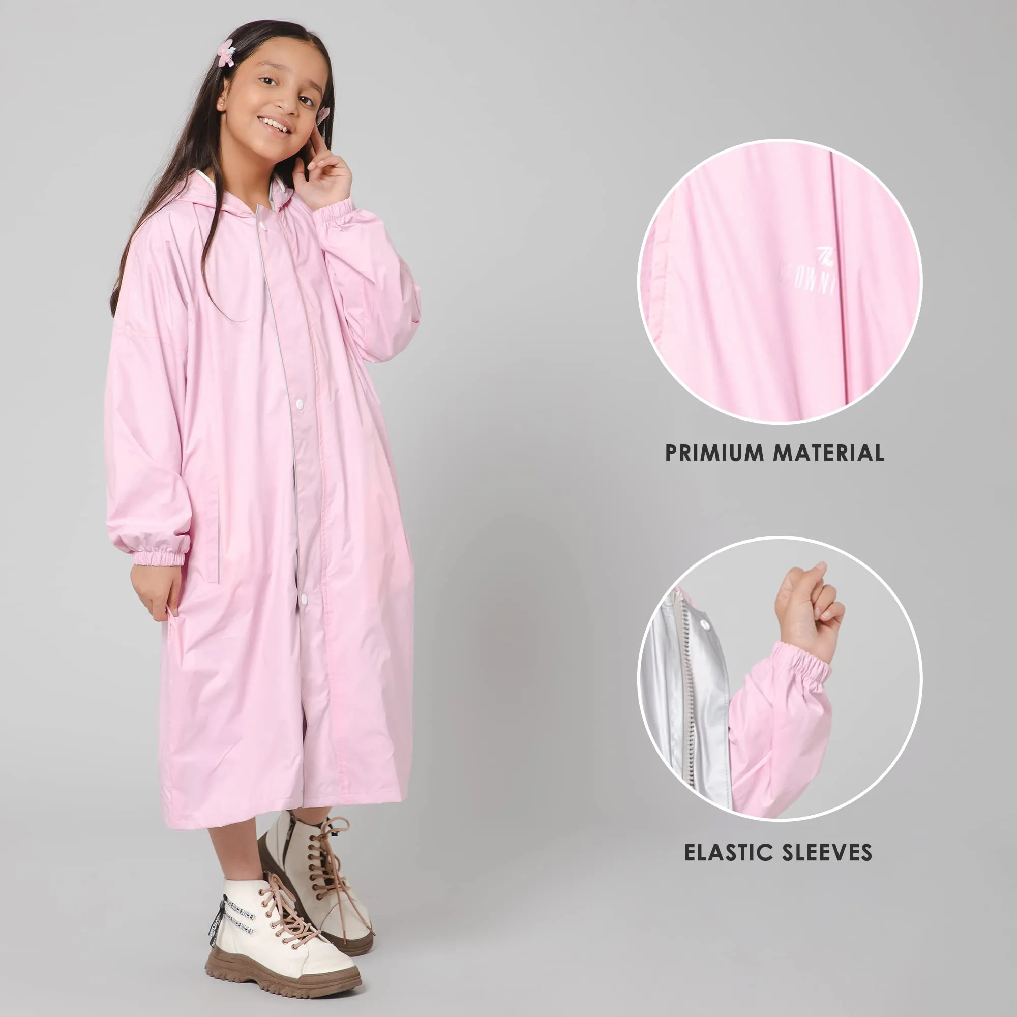 THE CLOWNFISH Cloud Chaser Series Kids Raincoat Waterproof Polyester Double Coating Reversible Longcoat with Hood and Reflector Logo at Back. Printed Plastic Pouch. Kid Age-13-14 years (Blush Pink)