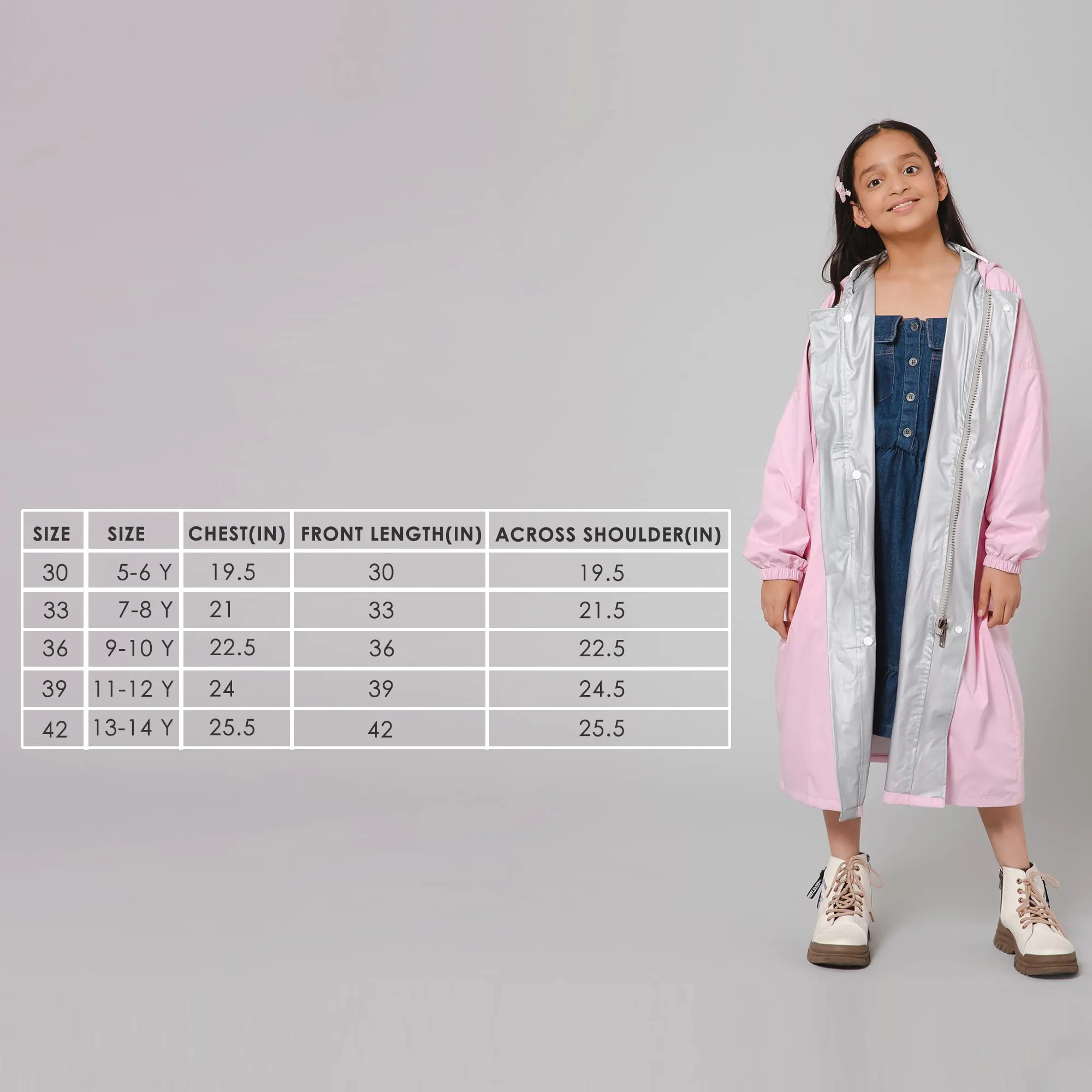 THE CLOWNFISH Cloud Chaser Series Kids Raincoat Waterproof Polyester Double Coating Reversible Longcoat with Hood and Reflector Logo at Back. Printed Plastic Pouch. Kid Age-13-14 years (Blush Pink)