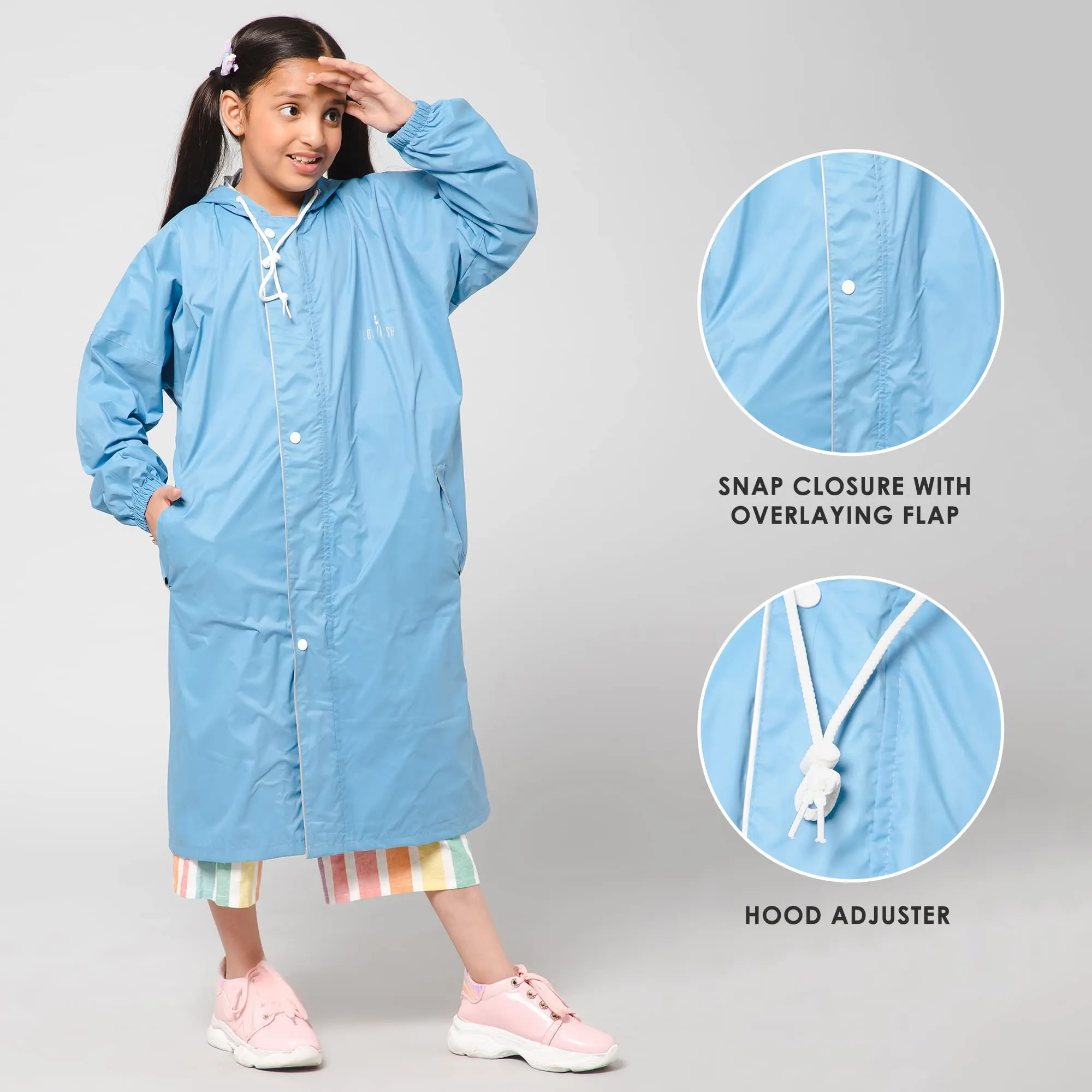 THE CLOWNFISH Cloud Chaser Series Kids Raincoat Waterproof Polyester Double Coating Reversible Longcoat with Hood and Reflector Logo at Back. Printed Plastic Pouch. Kid Age-7-8 years (Skyblue)