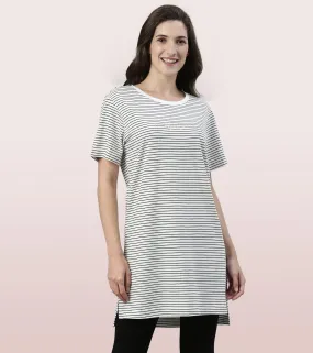 Tunic Tee – Stripes | Short Sleeve Tunic Tee With Side Slit & Mindful Graphic