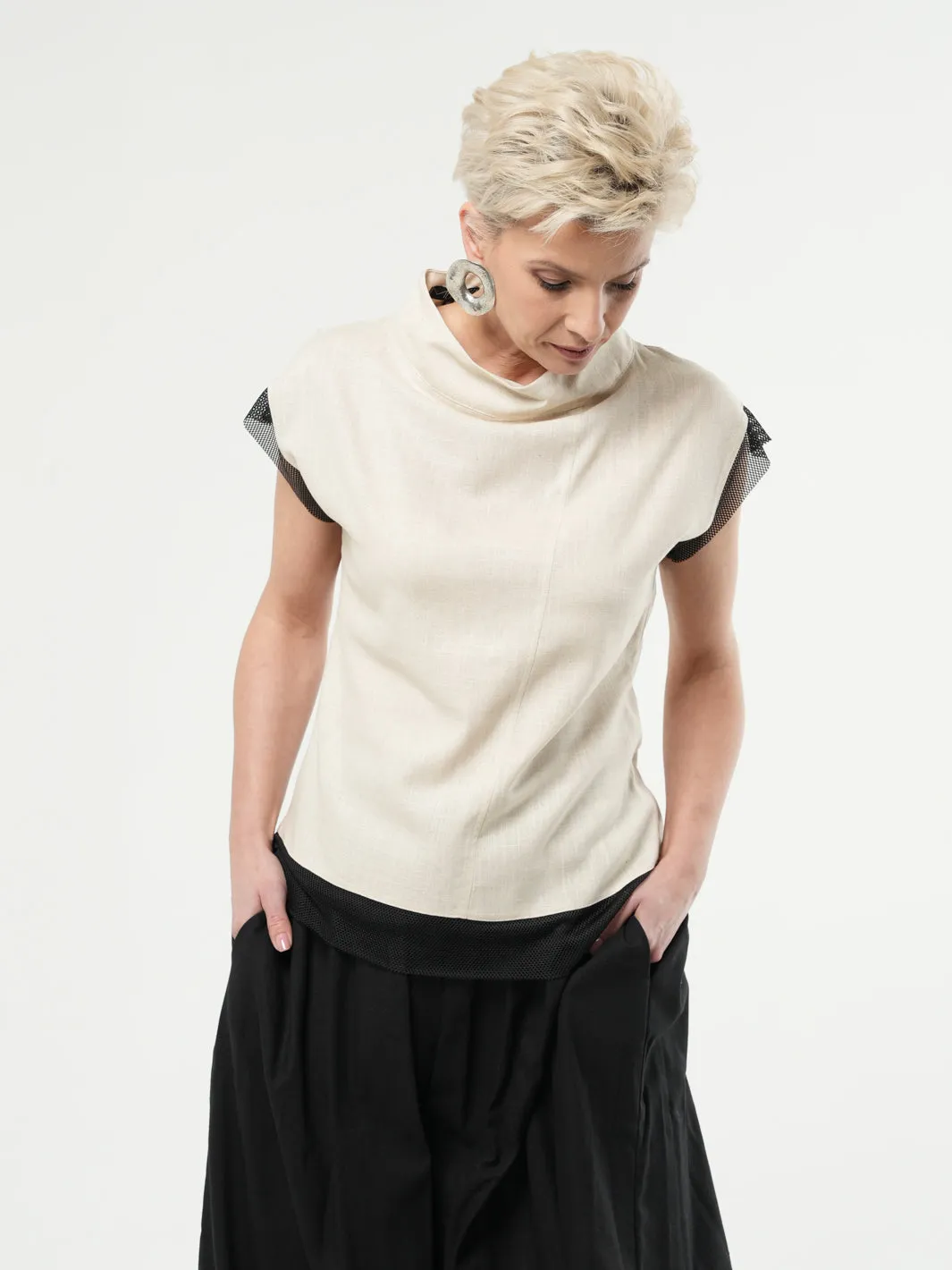 Turtleneck Linen Top In Beige