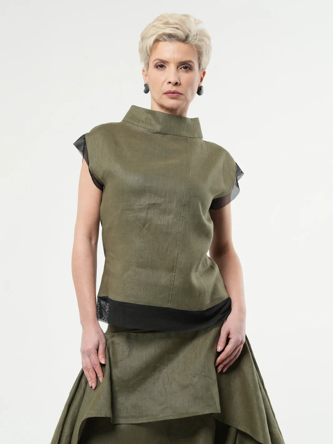 Turtleneck Linen Top In Green