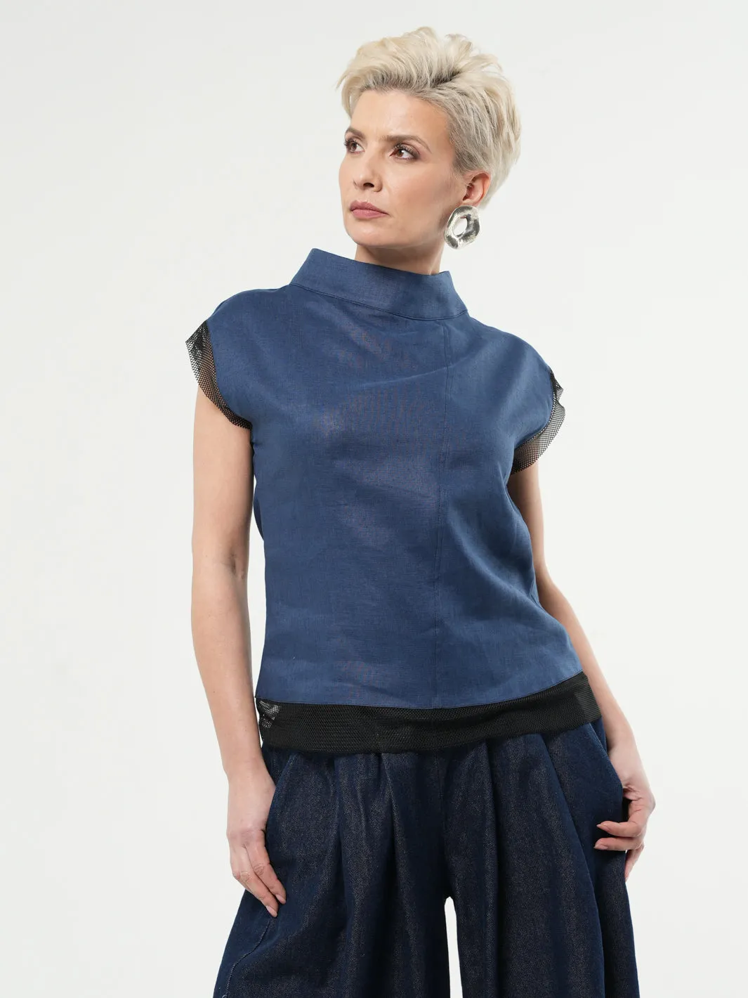 Turtleneck Linen Top In Green