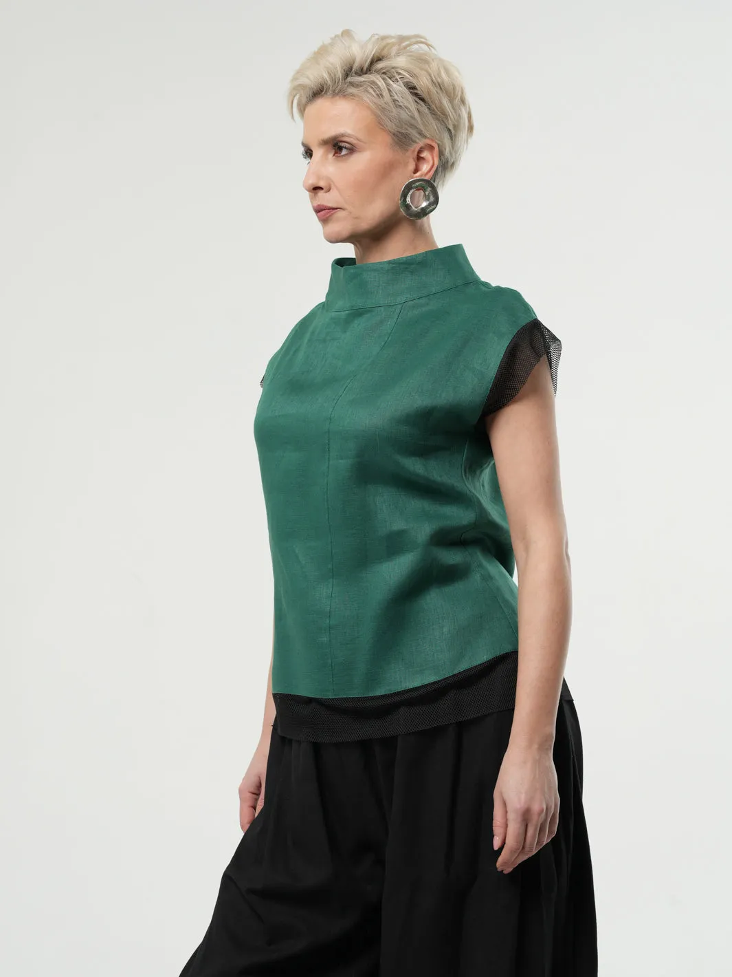 Turtleneck Linen Top In Green